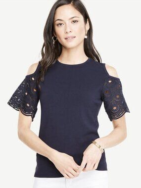 NEW NWT Ann Taylor Lacy Cold Shoulder Sweater Color: Night Sky (Navy)